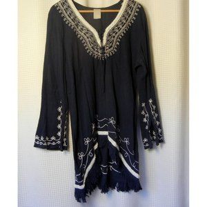 Tunic blouse, LG navy blue, India Made white trim cotton, peasant blouse fringe